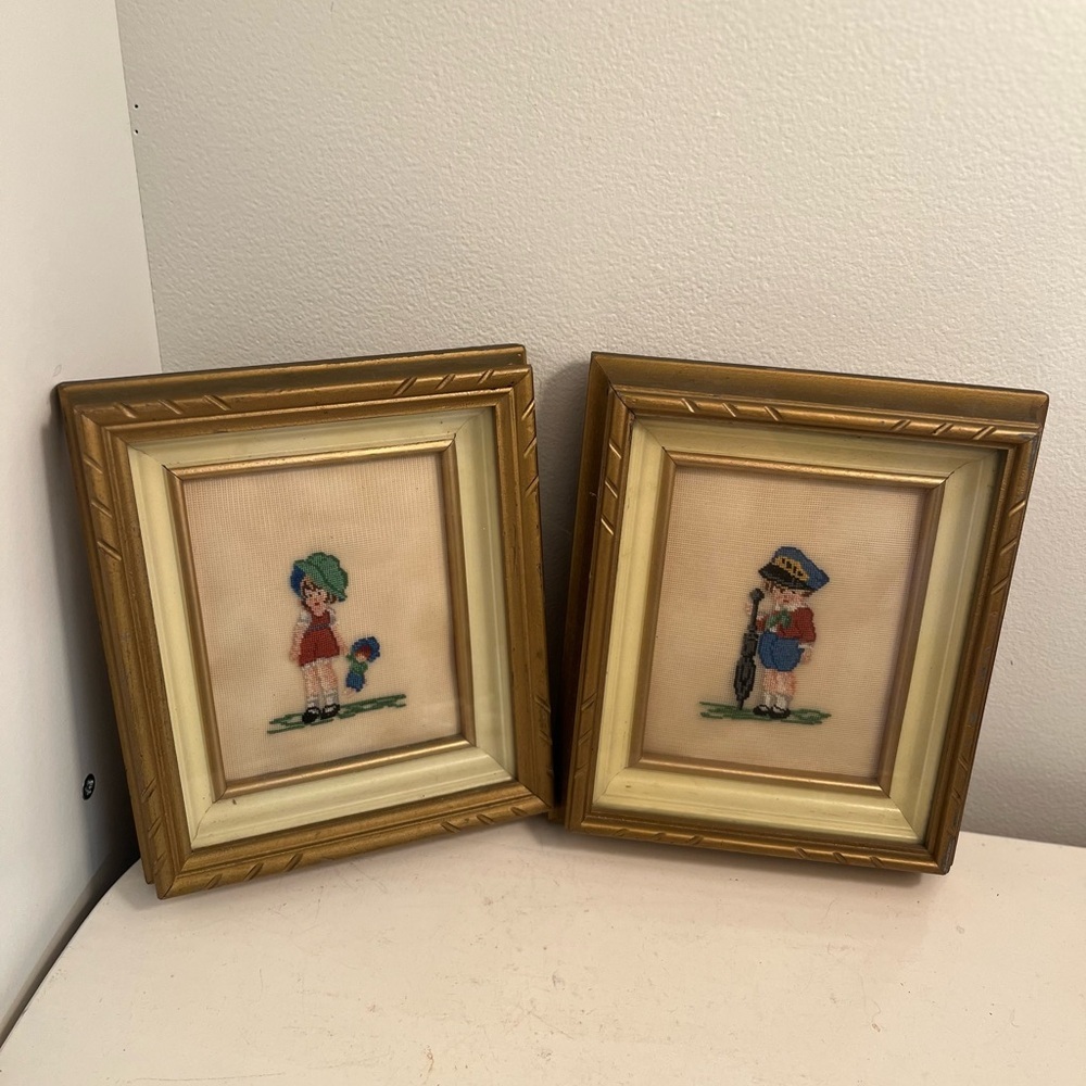 Vintage Embroidered Child Art in Gold Frames